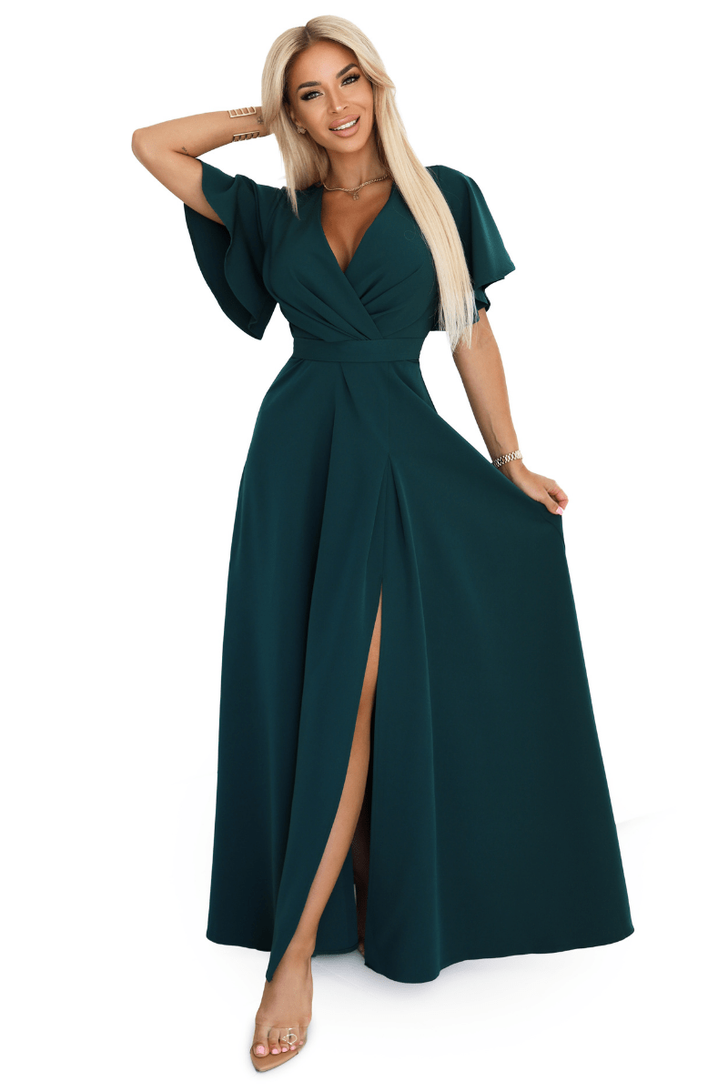 vestido de cerimónia comprido verde escuro com racha BeStylish 