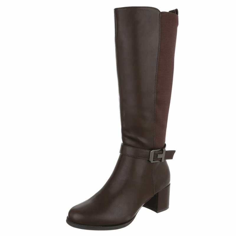 botas castanhas de pele de salto grosso com cano largo BeStylish