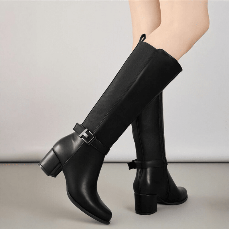 botas pretas de pele de salto grosso com cano largo BeStylish