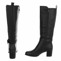 botas pretas de pele de salto grosso com cano largo BeStylish