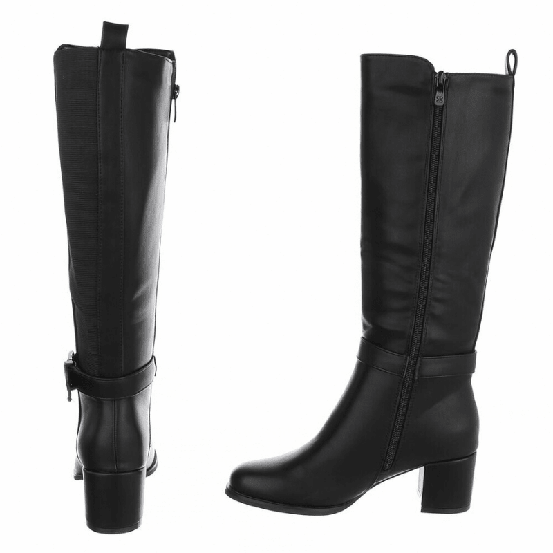 botas pretas de pele de salto grosso com cano largo BeStylish