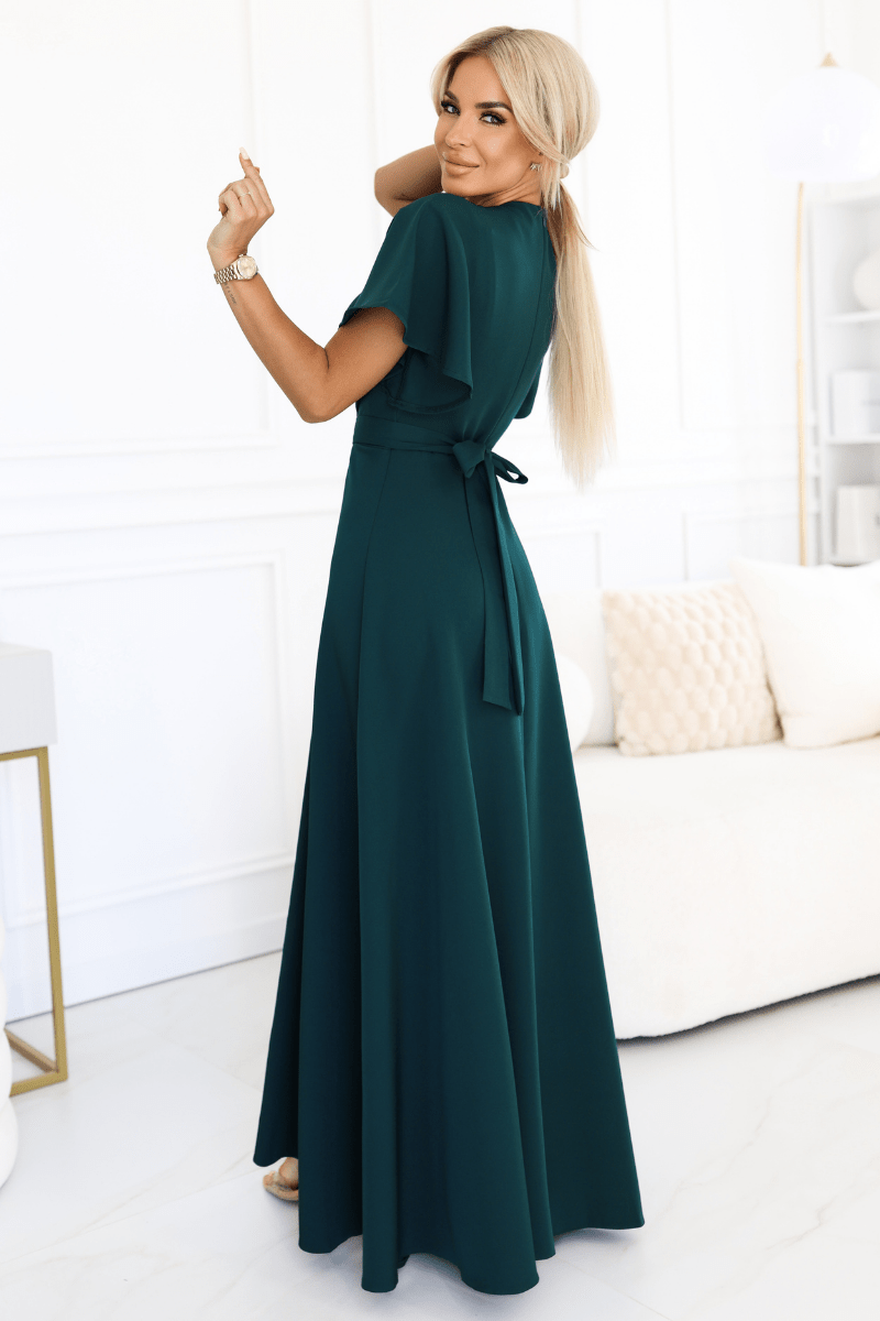 vestido de cerimónia comprido verde escuro com racha BeStylish 