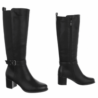 botas pretas de pele de salto grosso com cano largo BeStylish
