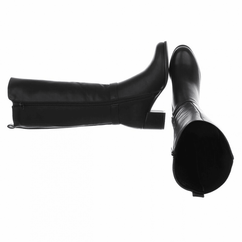 botas pretas de pele de salto grosso com cano largo BeStylish
