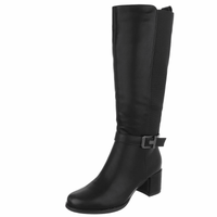 botas pretas de pele de salto grosso com cano largo BeStylish