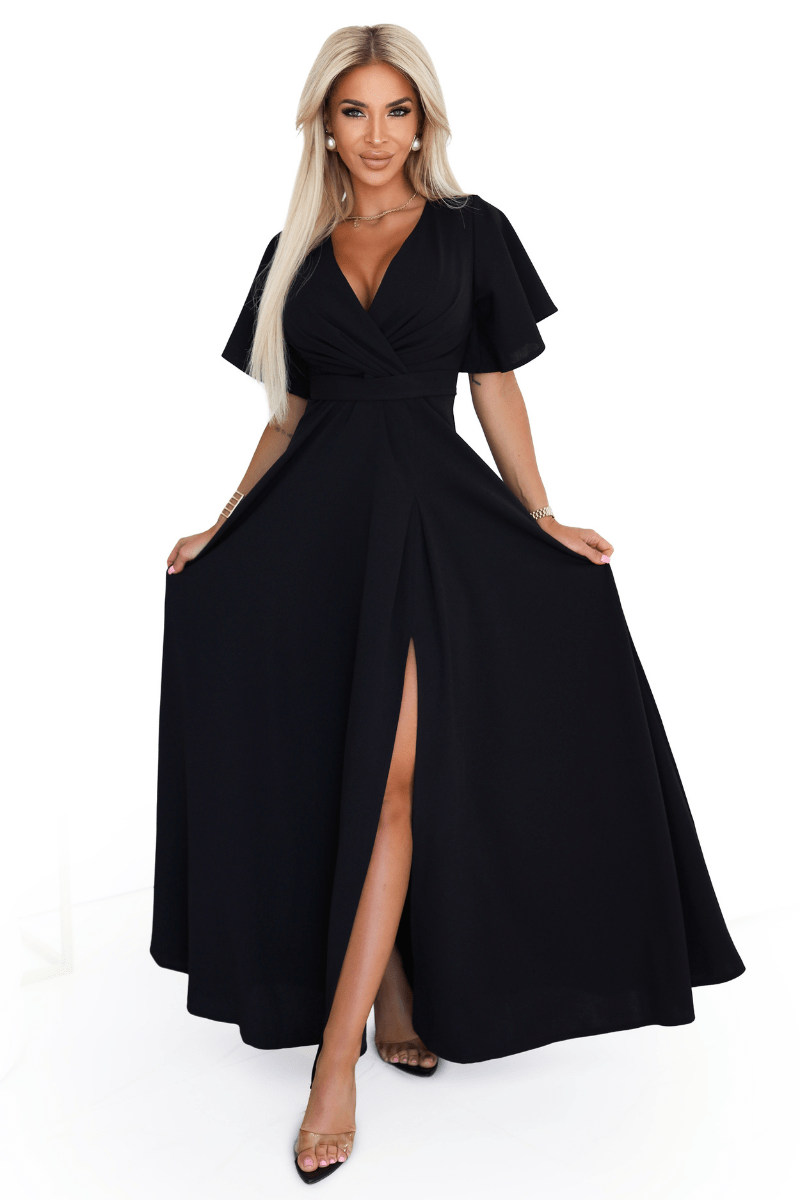 vestido de cerimónia comprido preto com racha BeStylish 