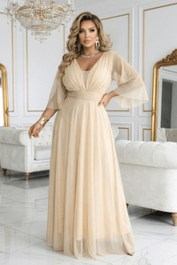 vestido de cerimónia comprido bege brilhante plus size BeStylish