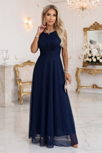 vestido de cerimónia comprido em tulle brilhante azul marinho BeStylish