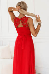 vestido de casamento comprido vermelho com renda e tule BeStylish