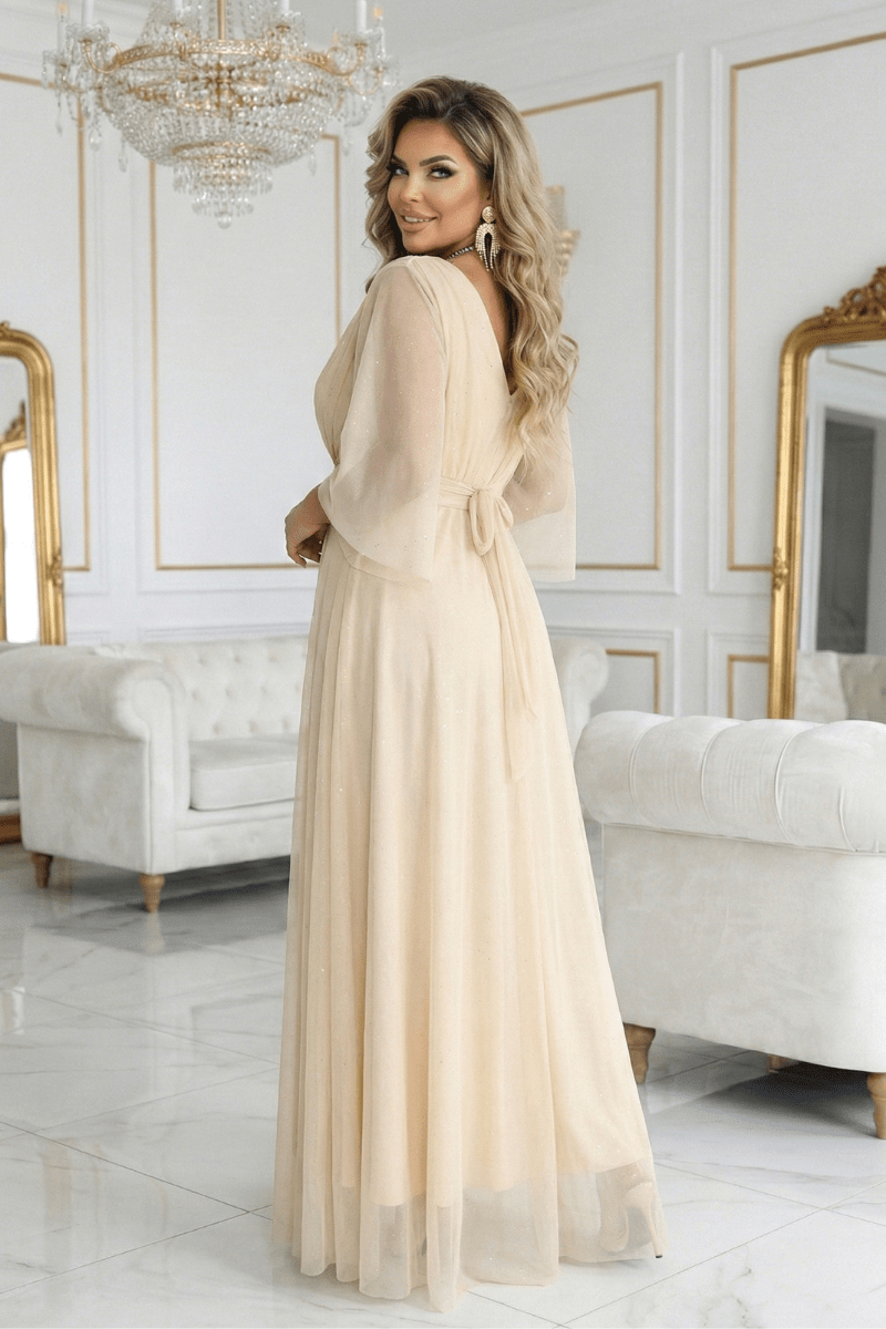 vestido de cerimónia comprido bege brilhante plus size BeStylish