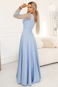 vestido de cerimónia comprido azul claro com mangas transparentes BeStylish