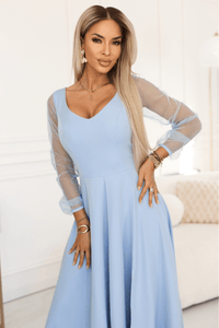 vestido de cerimónia comprido azul claro com mangas transparentes BeStylish