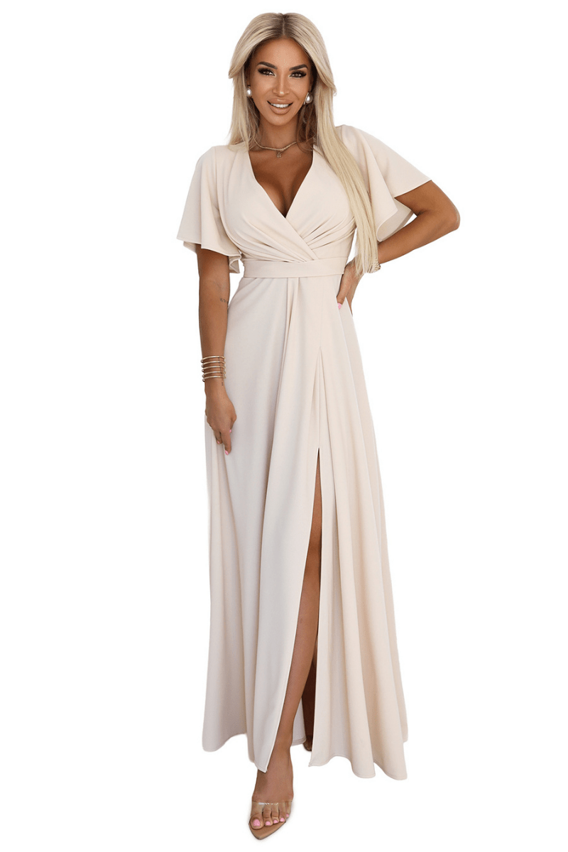 vestido de cerimónia comprido bege com racha BeStylish 
