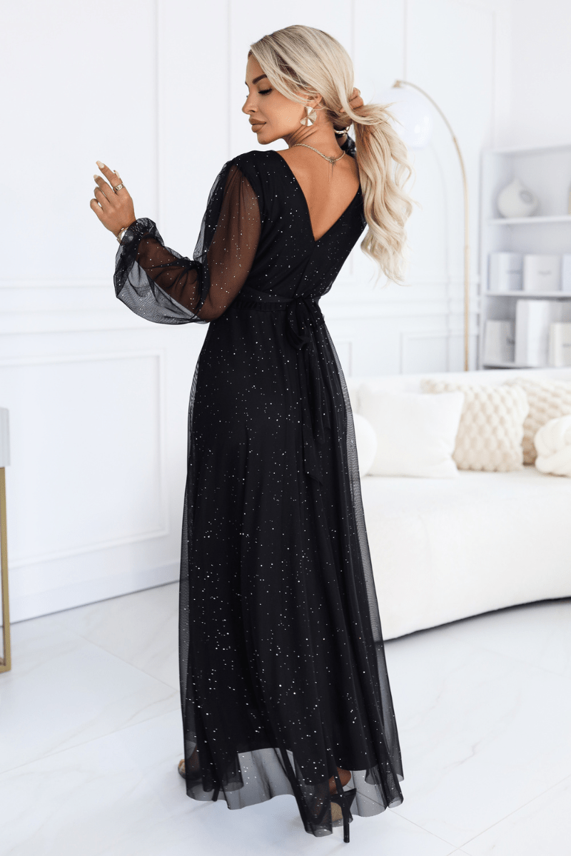 vestido de cerimónia comprido com tule brilhante preto BeStylish