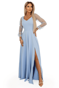 vestido de cerimónia comprido azul claro com mangas transparentes BeStylish