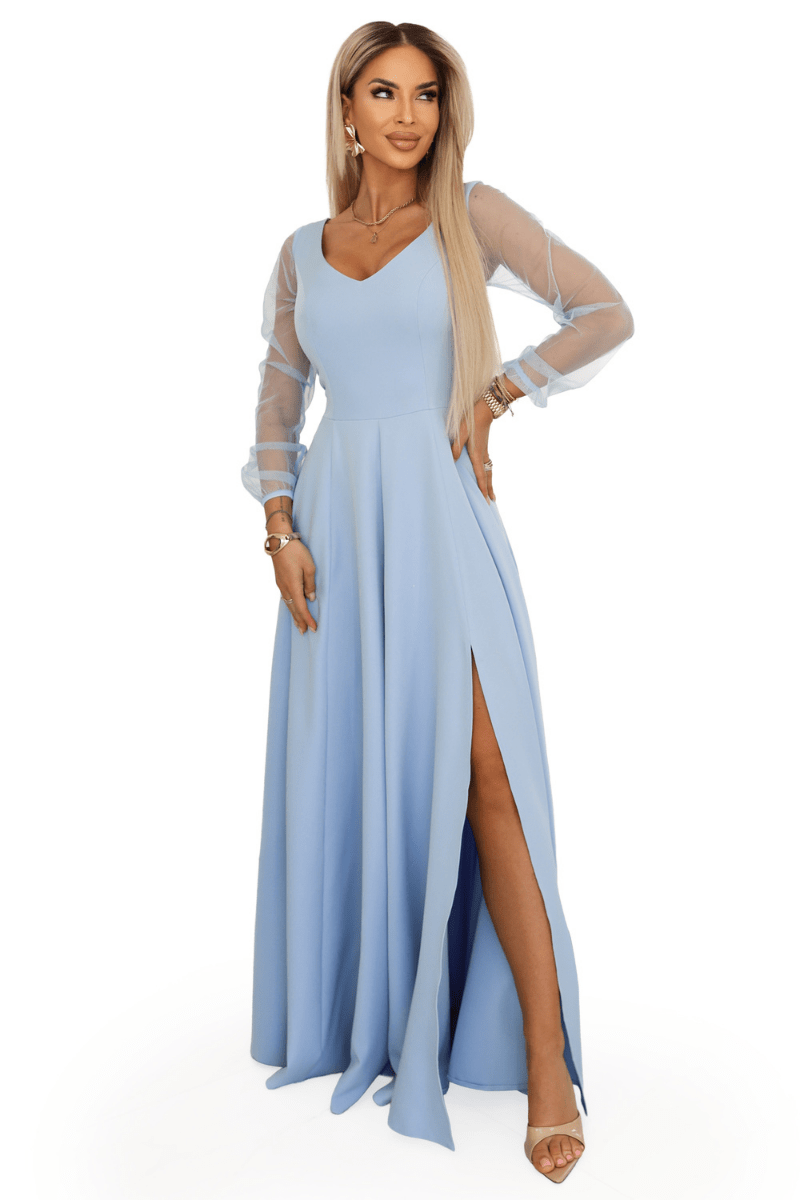 vestido de cerimónia comprido azul claro com mangas transparentes BeStylish