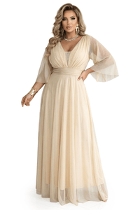 vestido de cerimónia comprido bege brilhante plus size BeStylish