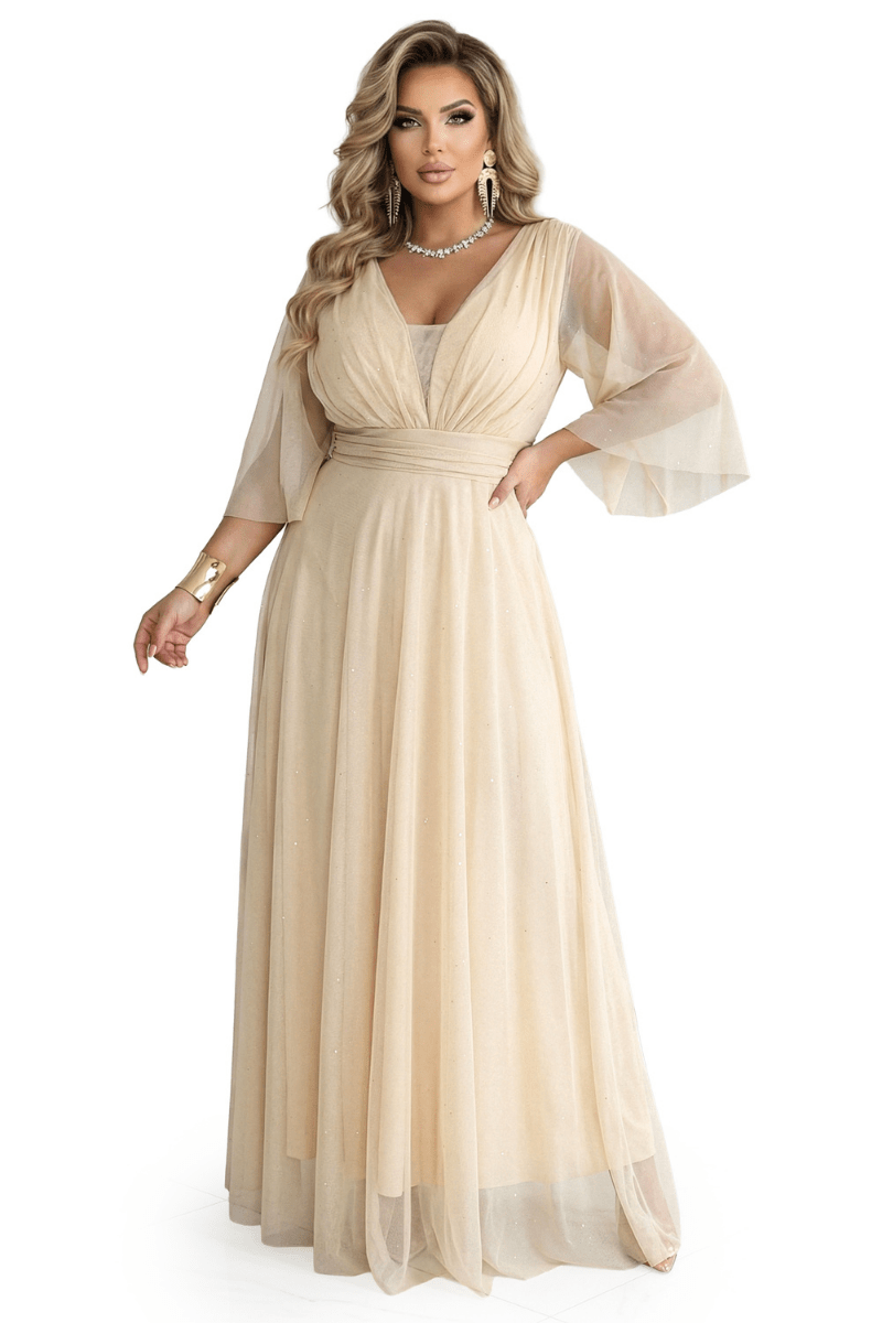vestido de cerimónia comprido bege brilhante plus size BeStylish
