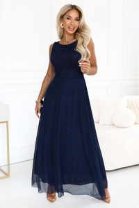 vestido de cerimónia comprido em tulle brilhante azul marinho BeStylish