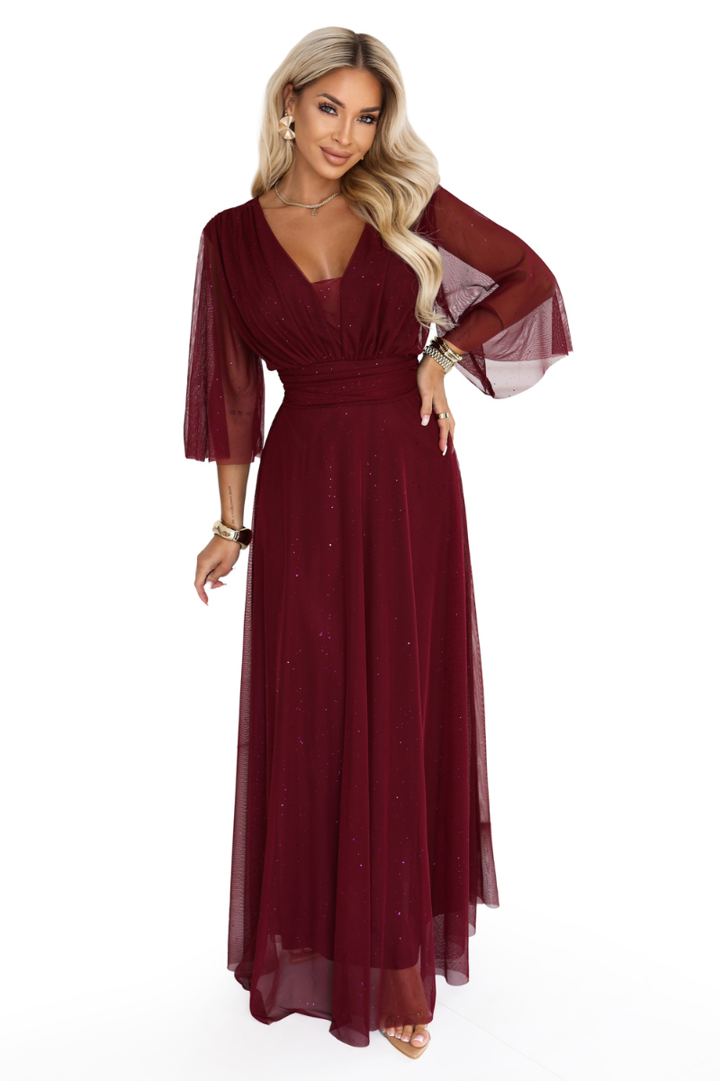 vestido de cerimónia comprido bordeaux brilhante plus size BeStylish