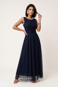 vestido de cerimónia comprido em tulle azul marinho BeStylish