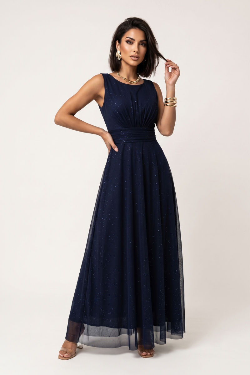 vestido de cerimónia comprido em tulle azul marinho BeStylish