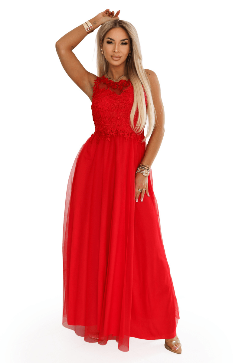 vestido de casamento comprido vermelho com renda e tule BeStylish