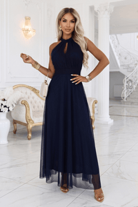 vestido de festa comprido azul marinho com decote halter BeStylish 