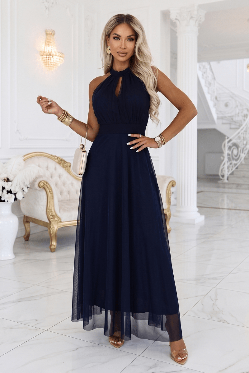 vestido de festa comprido azul marinho com decote halter BeStylish 