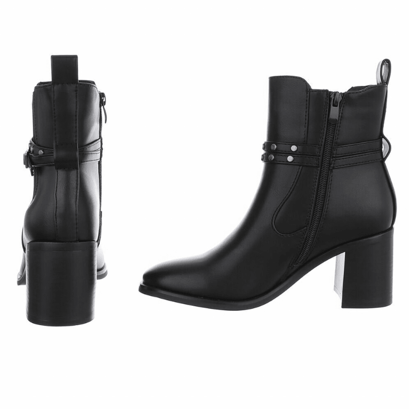 Botins pretos de pele com salto grosso  BeStylish