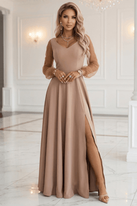 vestido de cerimónia comprido bege com mangas transparentes BeStylish