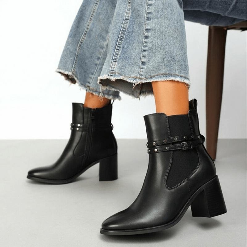 Botins pretos de pele com salto grosso  BeStylish