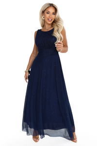 vestido de cerimónia comprido em tulle brilhante azul marinho BeStylish