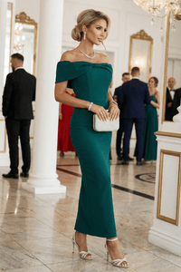 vestido de cerimónia comprido verde com ombros à mostra BeStylish 