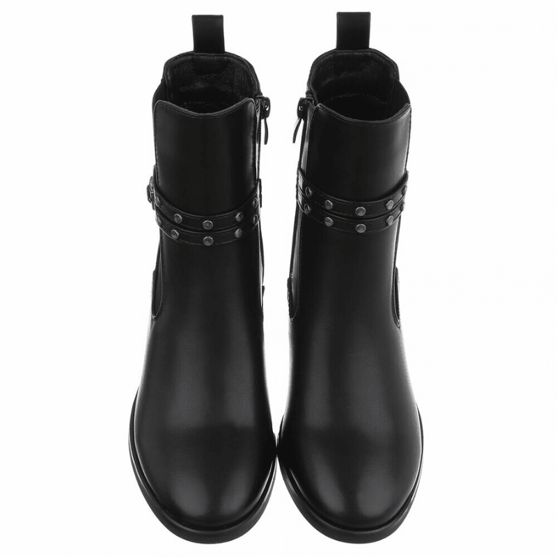 Botins pretos de pele com salto grosso  BeStylish