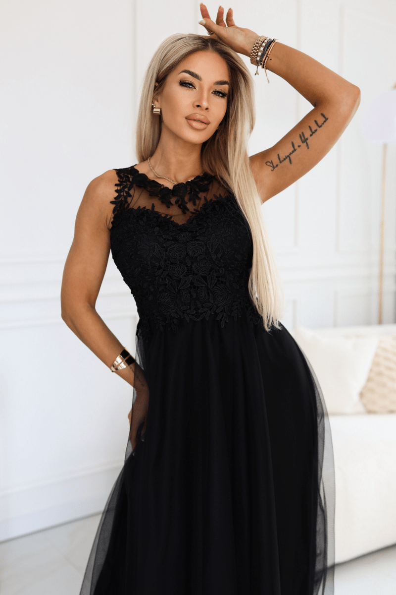 vestido de casamento comprido preto com renda e tule BeStylish