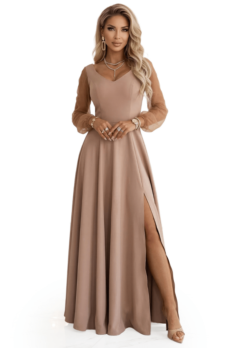 vestido de cerimónia comprido bege com mangas transparentes BeStylish