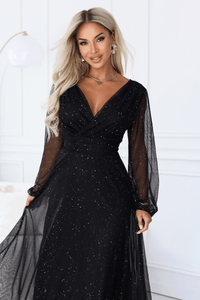 vestido de cerimónia comprido com tule brilhante preto BeStylish