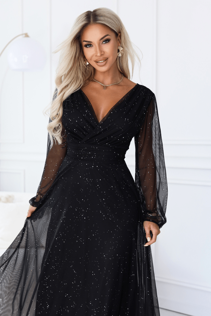 vestido de cerimónia comprido com tule brilhante preto BeStylish