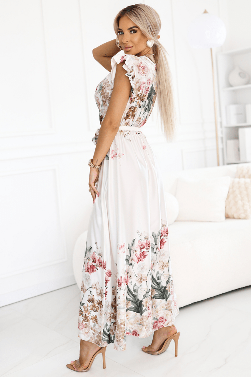 Vestido de cerimónia comprido creme floral em cetim BeStylish 