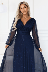 vestido de cerimónia comprido com tule brilhante azul marinho BeStylish