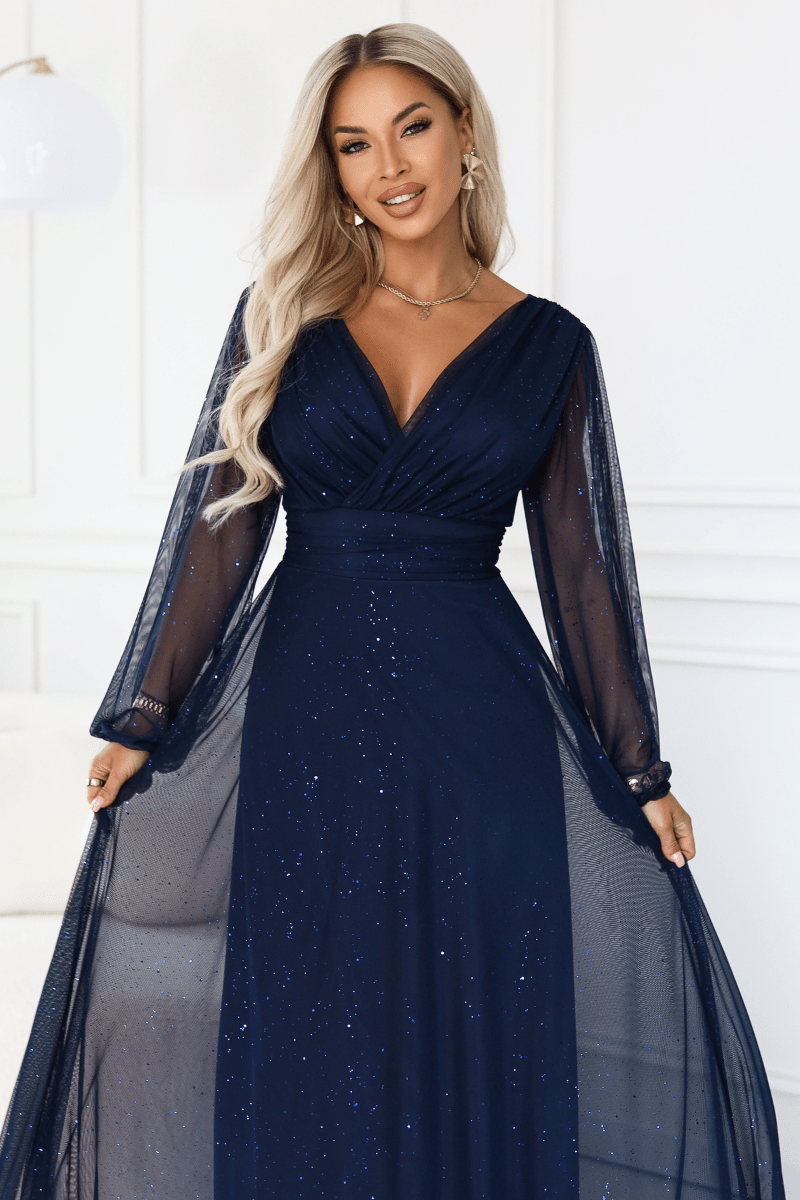 vestido de cerimónia comprido com tule brilhante azul marinho BeStylish