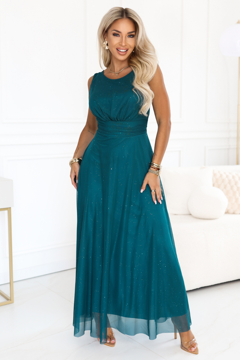 vestido de cerimónia comprido verde em tulle brilhante BeStylish
