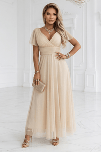 Vestido de festa comprido com brilho e tulle bege BeStylish