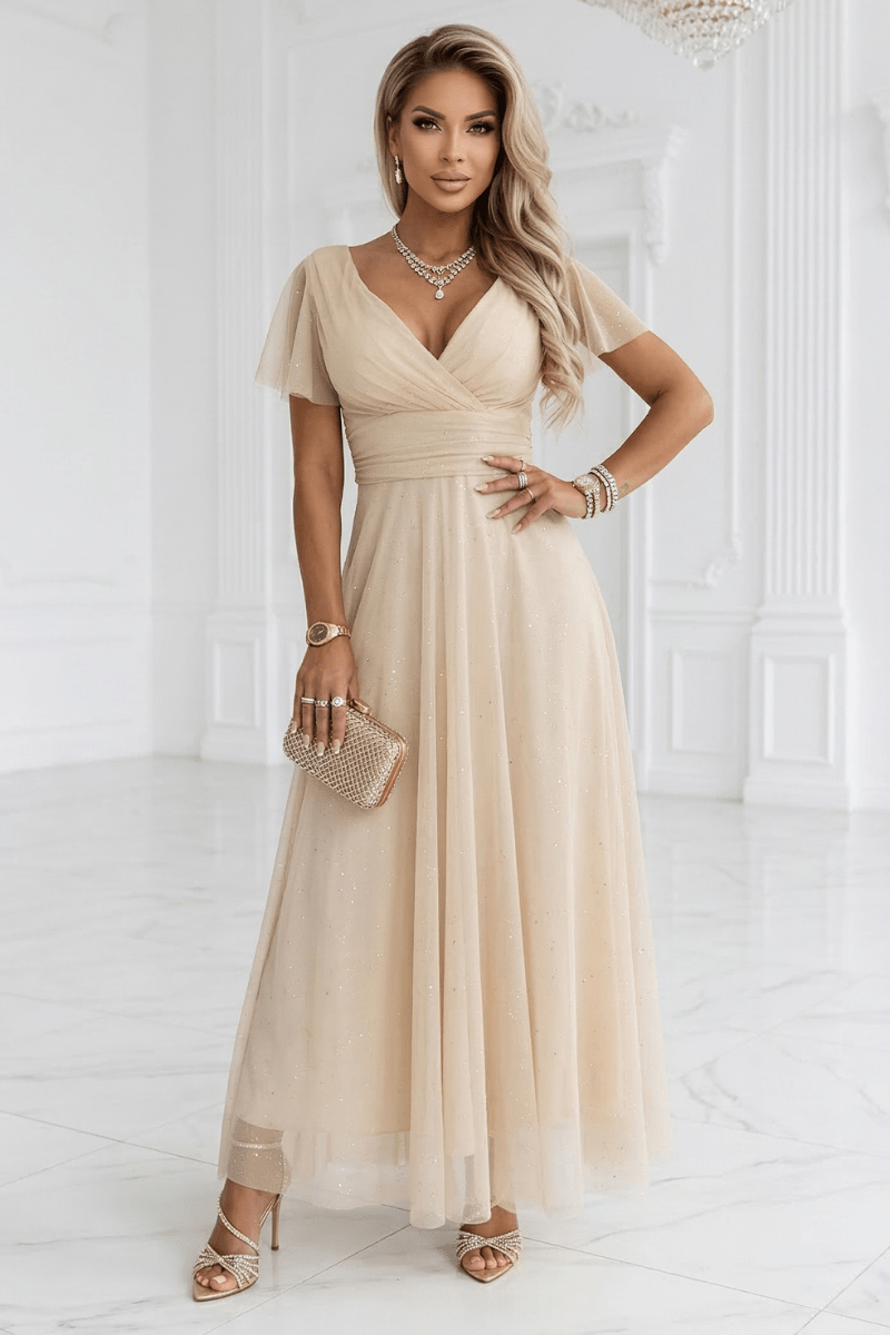 Vestido de festa comprido com brilho e tulle bege BeStylish