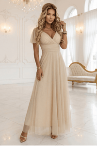 Vestido de festa comprido com brilho e tulle bege BeStylish