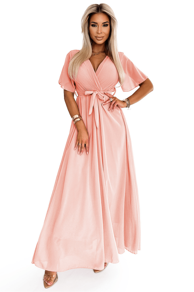 vestido de cerimnia comprido em chiffon pêssego BeStylish 