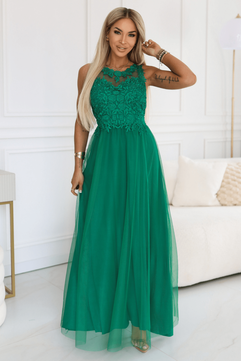vestido de casamento comprido verde com renda e tule BeStylish