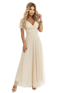 Vestido de festa comprido com brilho e tulle bege BeStylish