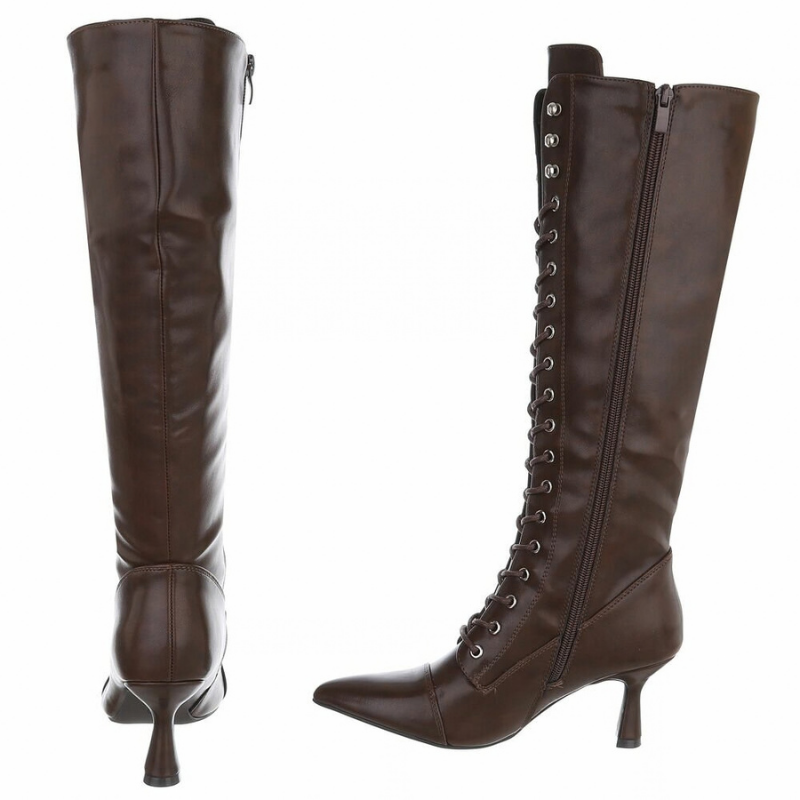 Botas castanhas de salto alto em pele com atacadores BeStylish 